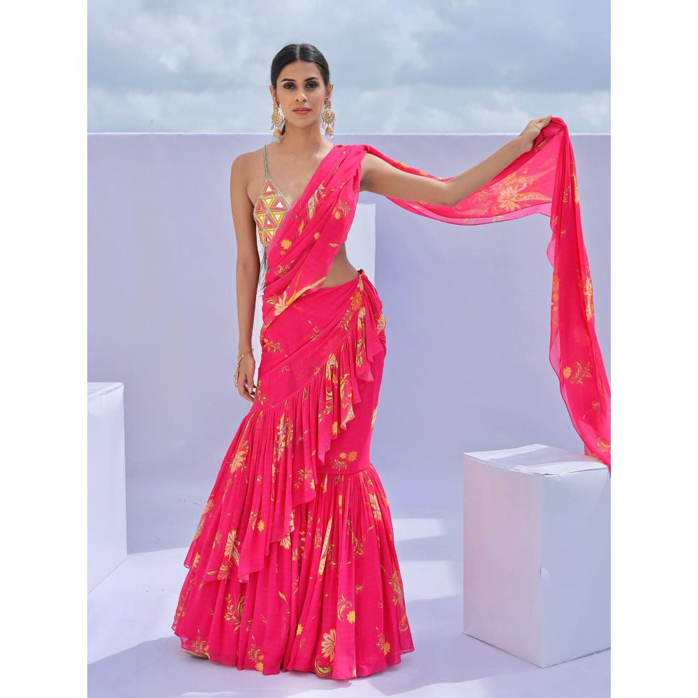 FORAM PATEL Pink Printed Ruffle Pre-Drape Saree with Stitched Blouse