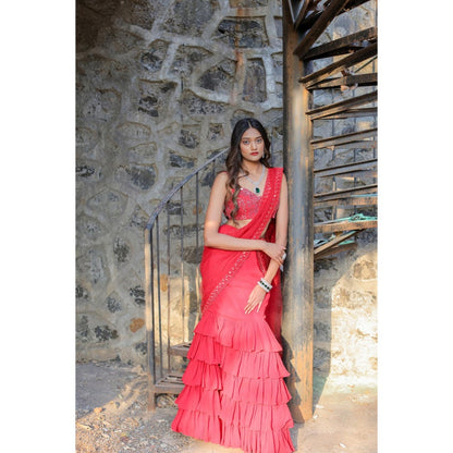 FORAM PATEL Red Mirror Embroidered Ruffle Skirt with Blouse and Dupatta (Set of 3)