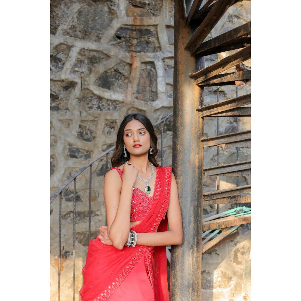 FORAM PATEL Red Mirror Embroidered Ruffle Skirt with Blouse and Dupatta (Set of 3)