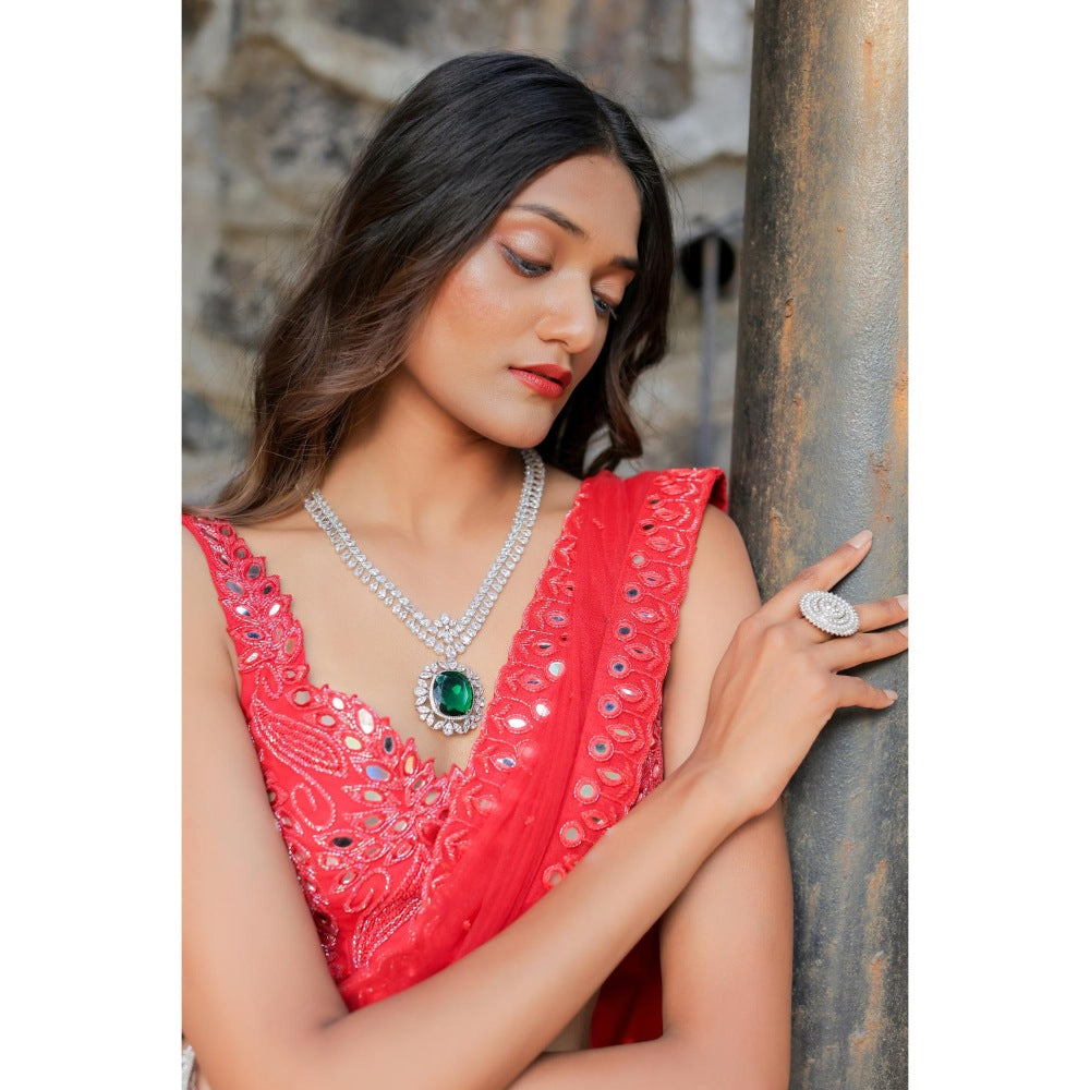 FORAM PATEL Red Mirror Embroidered Ruffle Skirt with Blouse and Dupatta (Set of 3)