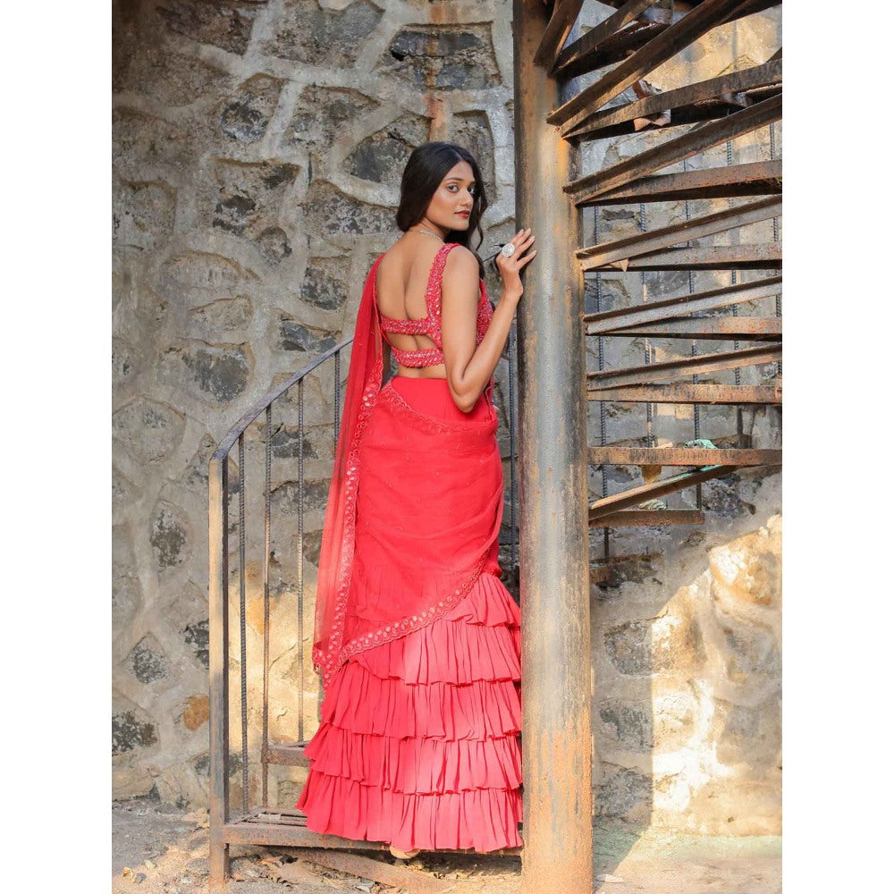 FORAM PATEL Red Mirror Embroidered Ruffle Skirt with Blouse and Dupatta (Set of 3)