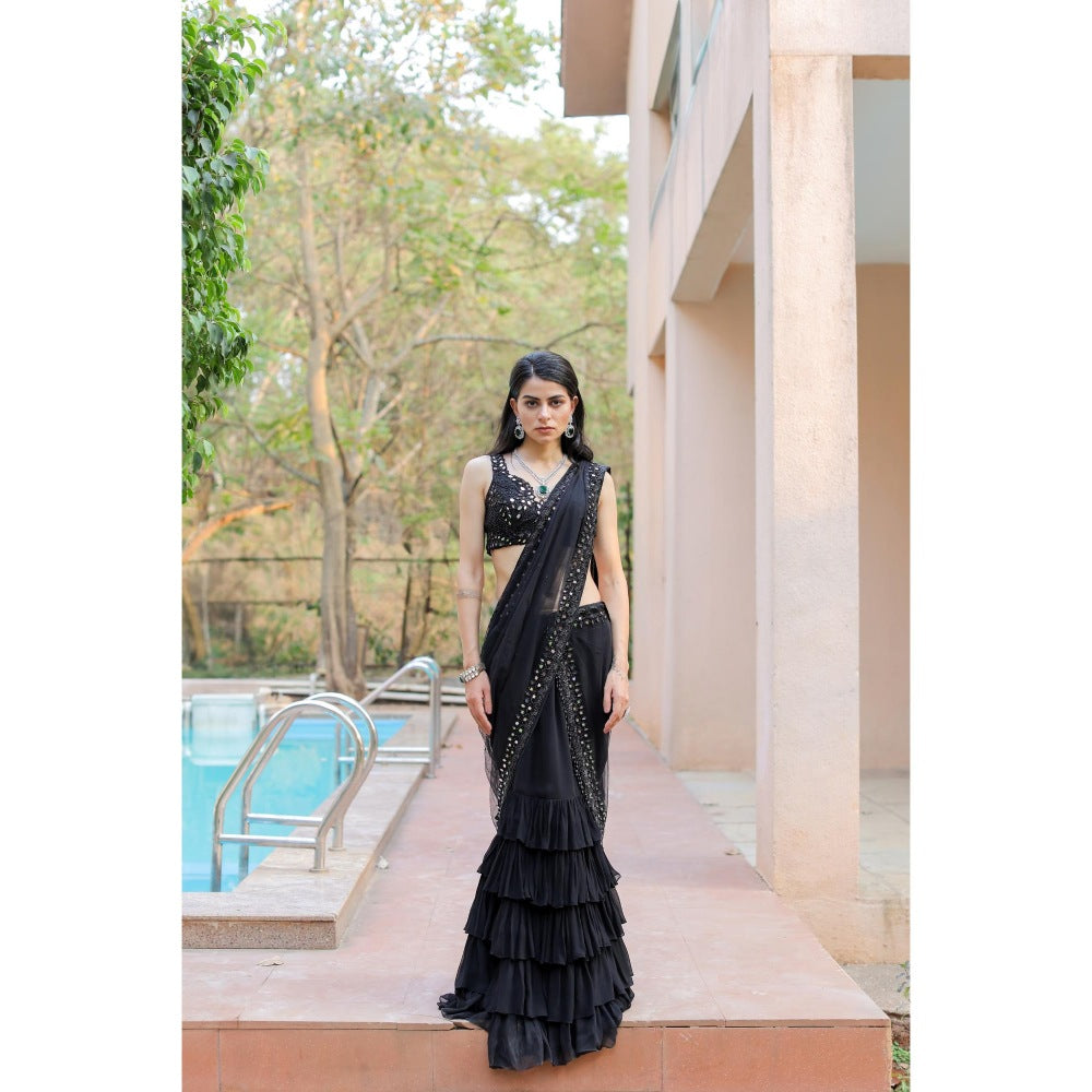 FORAM PATEL Black Mirror Embroidered Ruffle Skirt with Blouse and Dupatta (Set of 3)