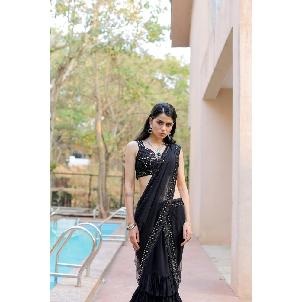 FORAM PATEL Black Mirror Embroidered Ruffle Skirt with Blouse and Dupatta (Set of 3)