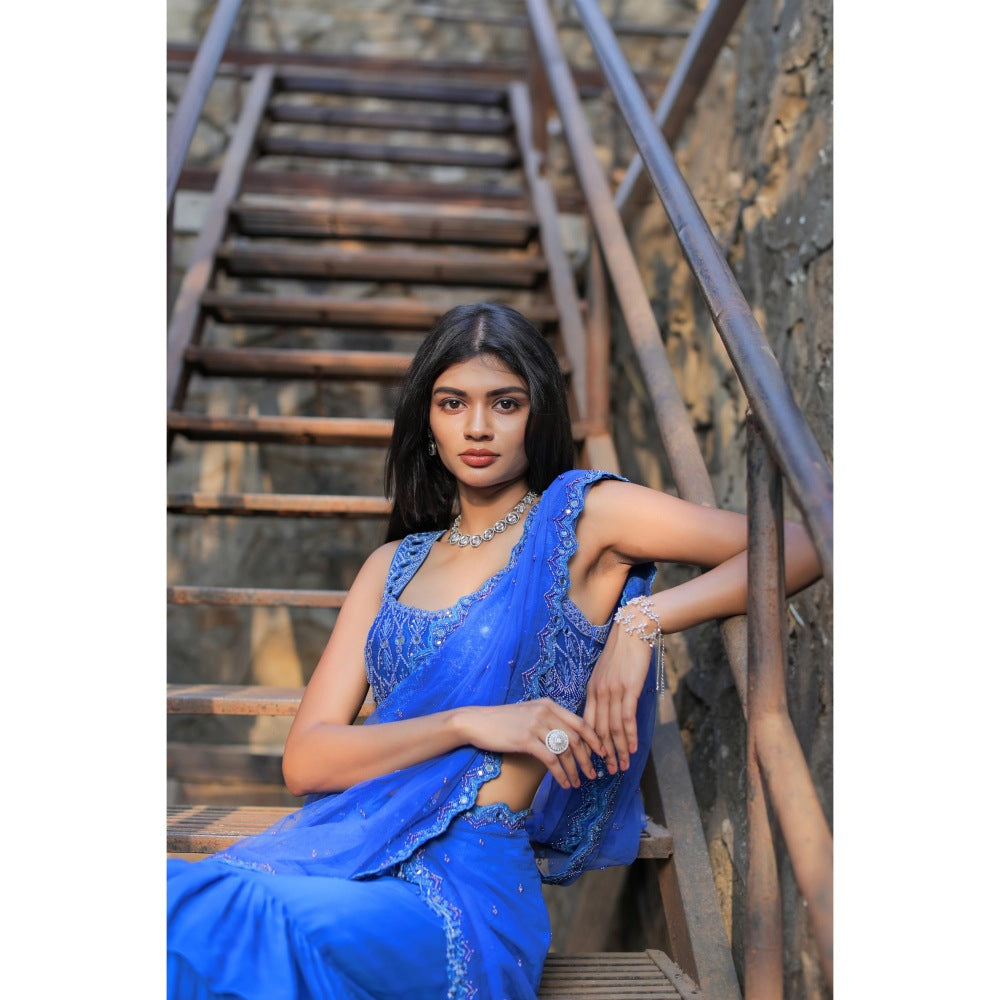 FORAM PATEL Blue Mirror Embroidered Ruffle Skirt with Blouse and Dupatta (Set of 3)