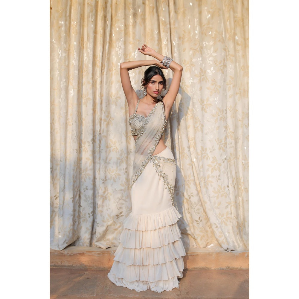 FORAM PATEL Cream and Gold Embroidered Ruffle Skirt with Blouse and Dupatta (Set of 3)