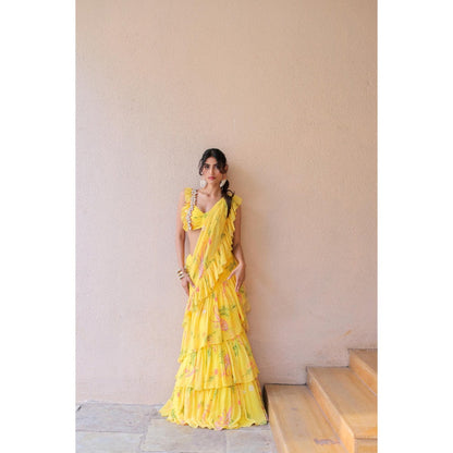 FORAM PATEL Yellow Printed Ruffle Pre-Drape Saree with Stitched Blouse