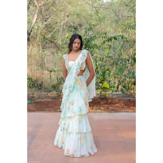 FORAM PATEL White Printed Ruffle Pre-Drape Saree with Stitched Blouse