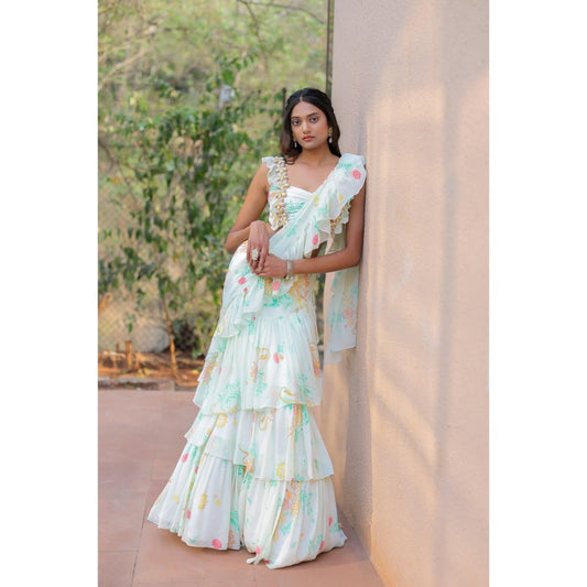 FORAM PATEL White Printed Ruffle Pre-Drape Saree with Stitched Blouse