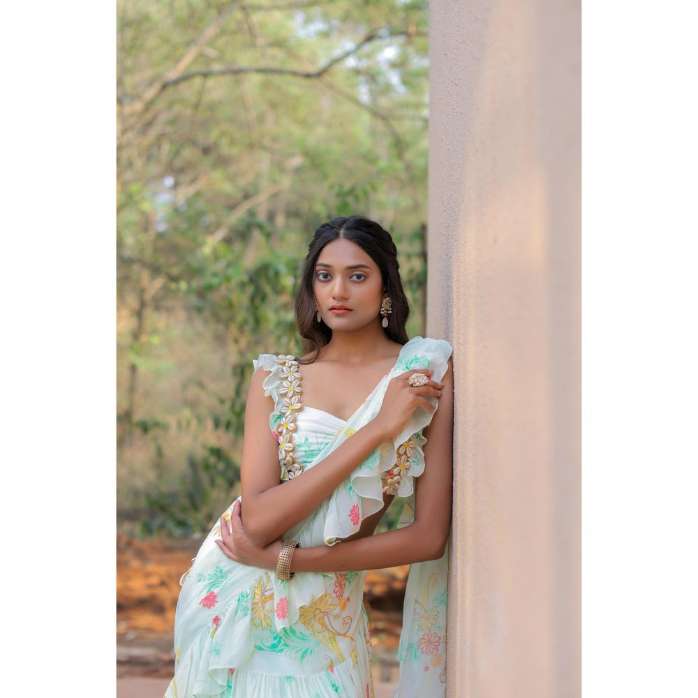FORAM PATEL White Printed Ruffle Pre-Drape Saree with Stitched Blouse