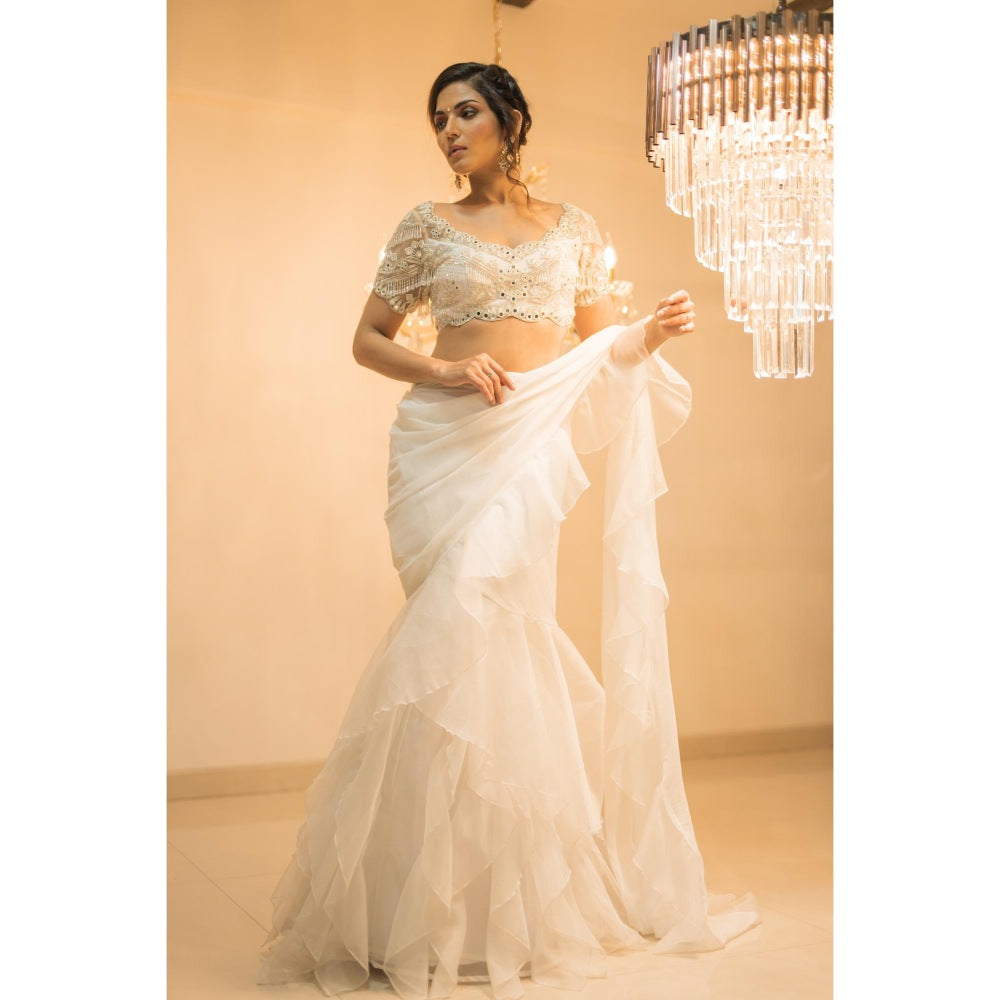 FORAM PATEL White Organza Pre-Draped Ruffle Saree with Stitched Blouse and Belt