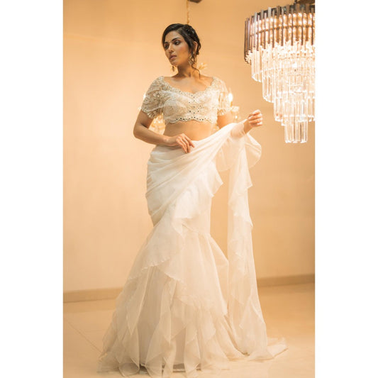 FORAM PATEL White Organza Pre-Draped Ruffle Saree with Stitched Blouse and Belt