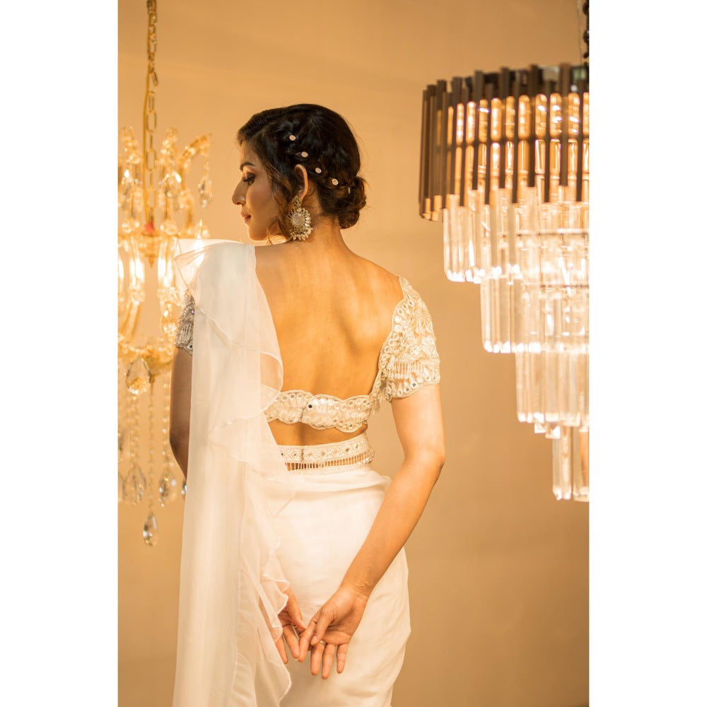 FORAM PATEL White Organza Pre-Draped Ruffle Saree with Stitched Blouse and Belt