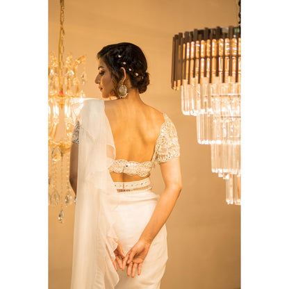FORAM PATEL White Organza Pre-Draped Ruffle Saree with Stitched Blouse and Belt