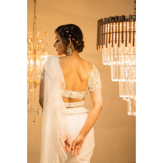 FORAM PATEL White Organza Pre-Draped Ruffle Saree with Stitched Blouse and Belt