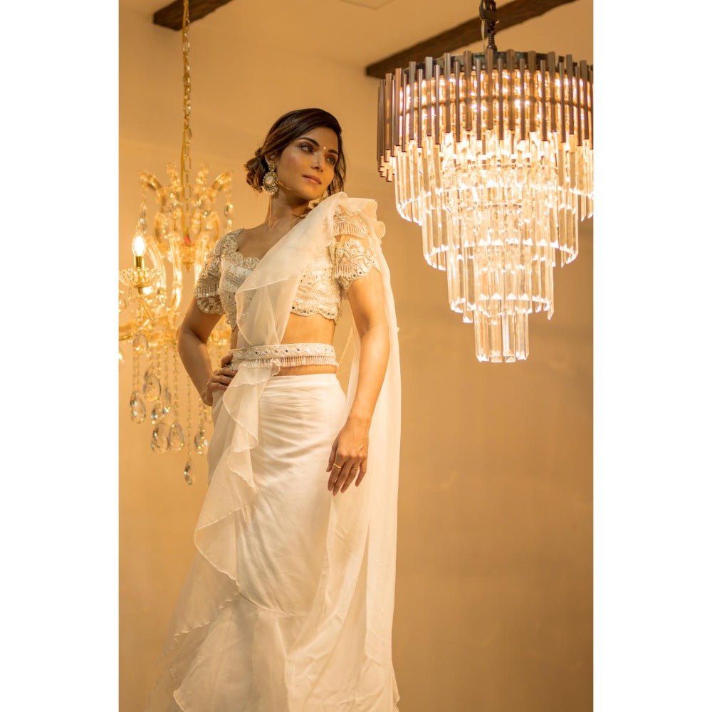 FORAM PATEL White Organza Pre-Draped Ruffle Saree with Stitched Blouse and Belt
