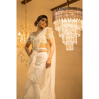 FORAM PATEL White Organza Pre-Draped Ruffle Saree with Stitched Blouse and Belt