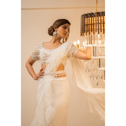 FORAM PATEL White Organza Pre-Draped Ruffle Saree with Stitched Blouse and Belt