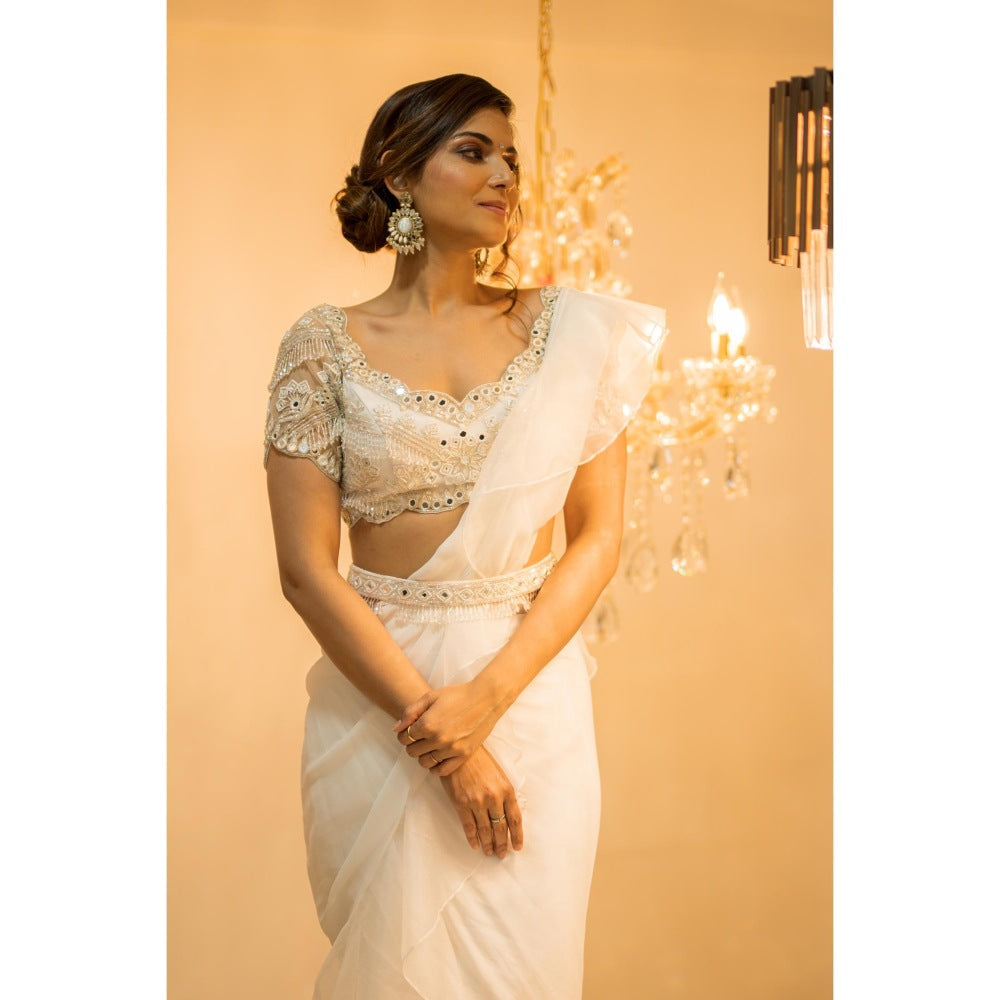 FORAM PATEL White Organza Pre-Draped Ruffle Saree with Stitched Blouse and Belt