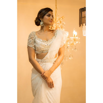 FORAM PATEL White Organza Pre-Draped Ruffle Saree with Stitched Blouse and Belt