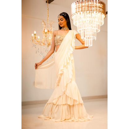 FORAM PATEL Cream Pre-Draped Ruffle Saree with Stitched Blouse