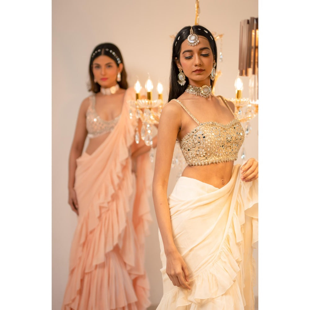 FORAM PATEL Cream Pre-Draped Ruffle Saree with Stitched Blouse