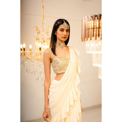 FORAM PATEL Cream Pre-Draped Ruffle Saree with Stitched Blouse