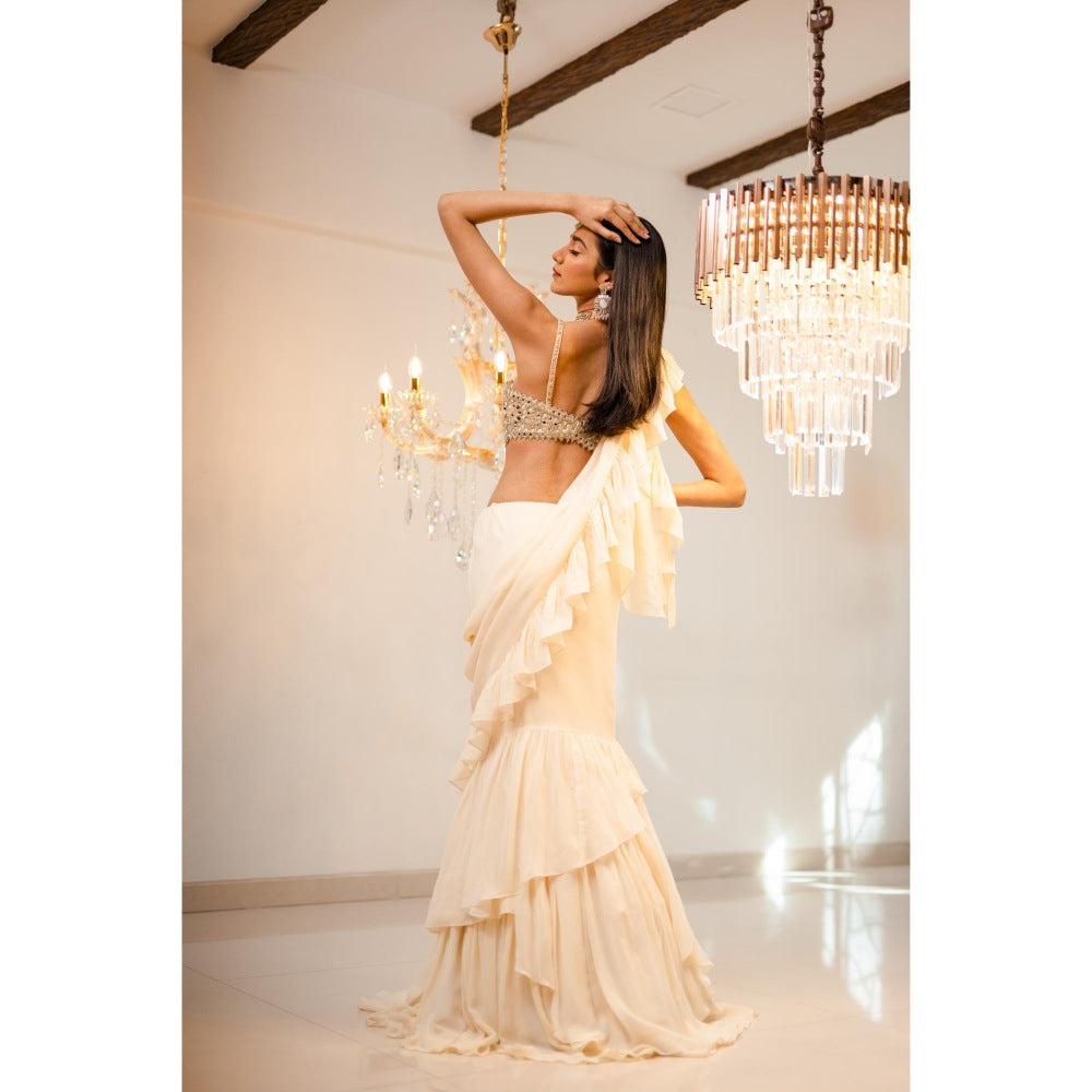 FORAM PATEL Cream Pre-Draped Ruffle Saree with Stitched Blouse