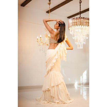 FORAM PATEL Cream Pre-Draped Ruffle Saree with Stitched Blouse