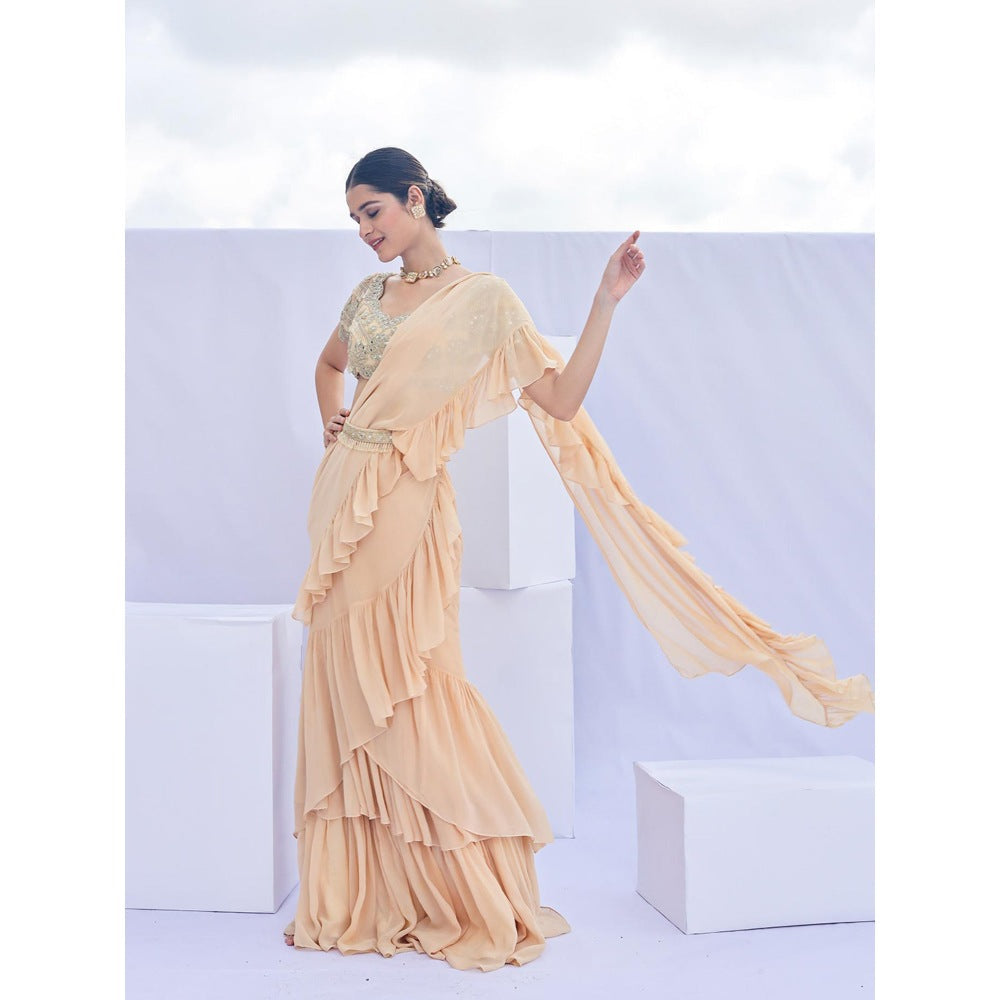 FORAM PATEL Beige Solid Pre-Draped Ruffle Saree with Embroidered Stitched Blouse and Belt