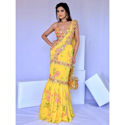 FORAM PATEL Yellow Pre-Draped Mumtaz Embroidered Paisley Print Saree with Stitched Blouse