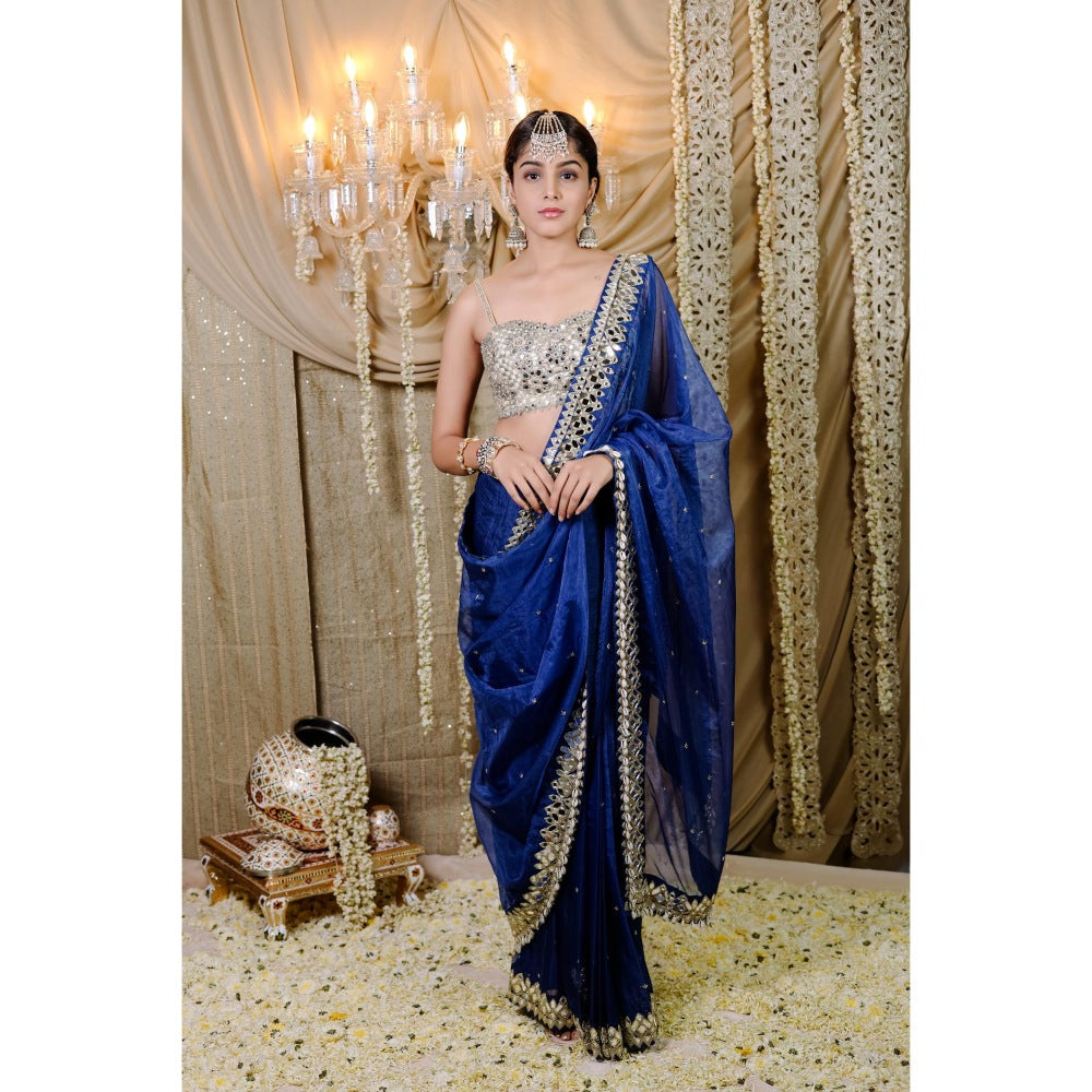 FORAM PATEL Navy Blue Embroidered Pre-Draped Saree with Stitched Blouse
