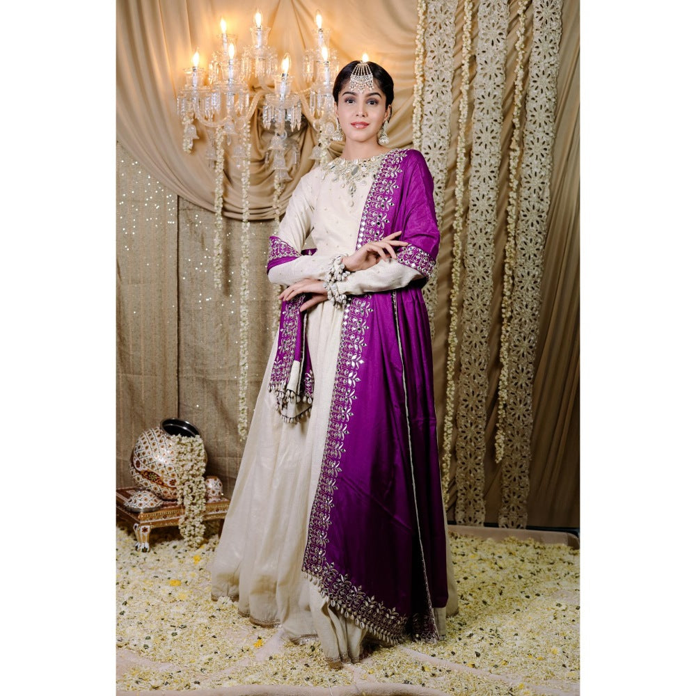 FORAM PATEL Ivory Embroidered with Mirror Work Anarkali Kurta with Dupatta (Set of 2)