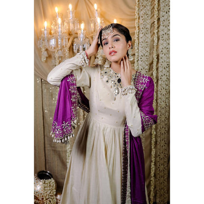 FORAM PATEL Ivory Embroidered with Mirror Work Anarkali Kurta with Dupatta (Set of 2)