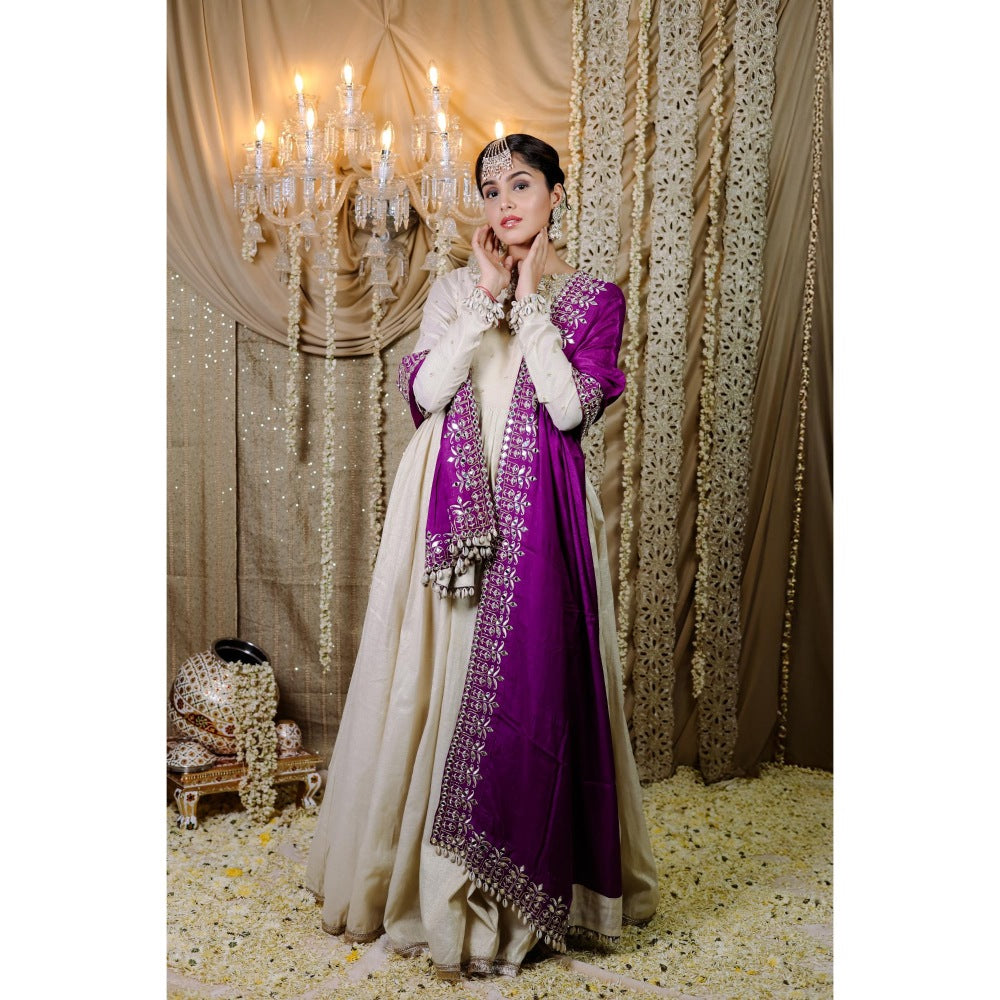 FORAM PATEL Ivory Embroidered with Mirror Work Anarkali Kurta with Dupatta (Set of 2)