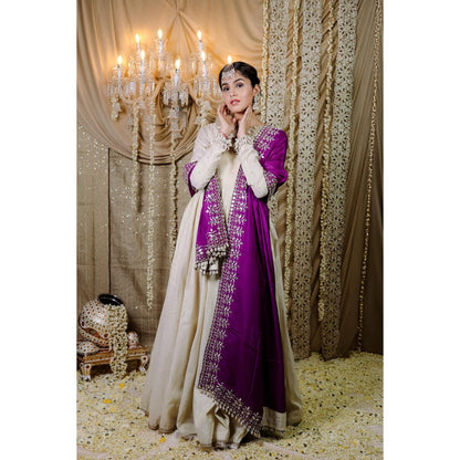 FORAM PATEL Ivory Embroidered with Mirror Work Anarkali Kurta with Dupatta (Set of 2)