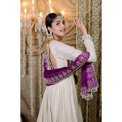 FORAM PATEL Ivory Embroidered with Mirror Work Anarkali Kurta with Dupatta (Set of 2)