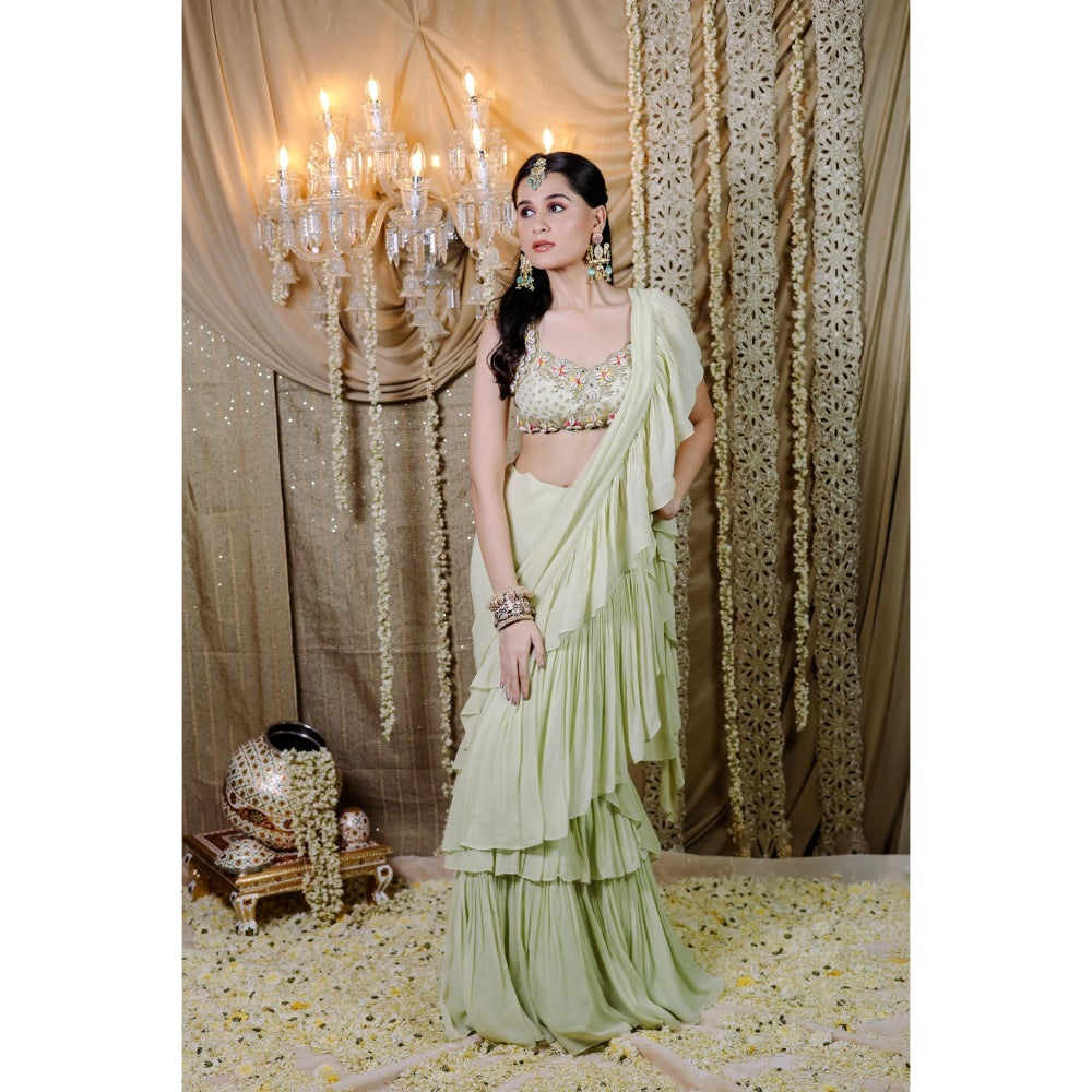 FORAM PATEL Mint Green Pre-Draped Ruffle Saree with Stitched Blouse