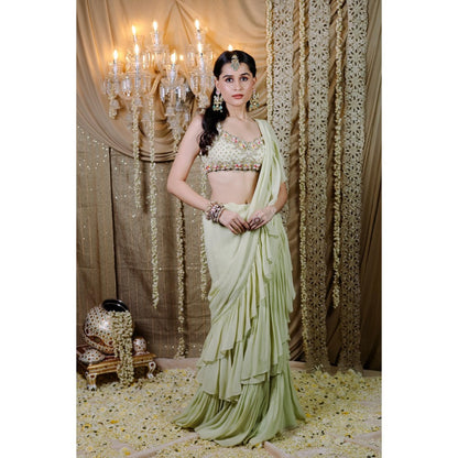 FORAM PATEL Mint Green Pre-Draped Ruffle Saree with Stitched Blouse