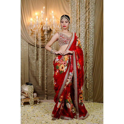 FORAM PATEL Red Floral Printed Pre-Draped Saree with Stitched Blouse