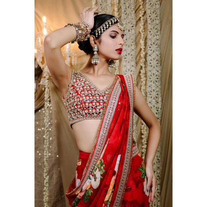 FORAM PATEL Red Floral Printed Pre-Draped Saree with Stitched Blouse