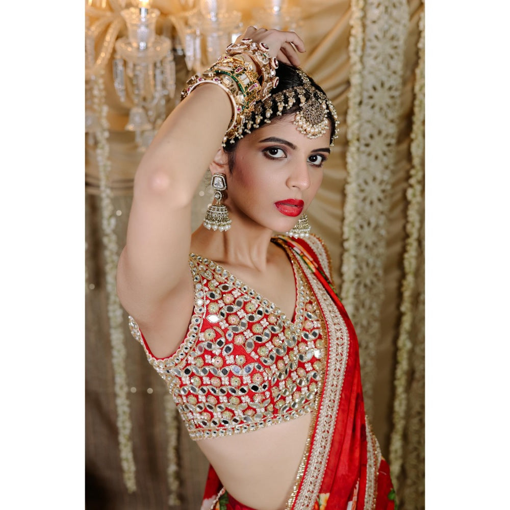 FORAM PATEL Red Floral Printed Pre-Draped Saree with Stitched Blouse