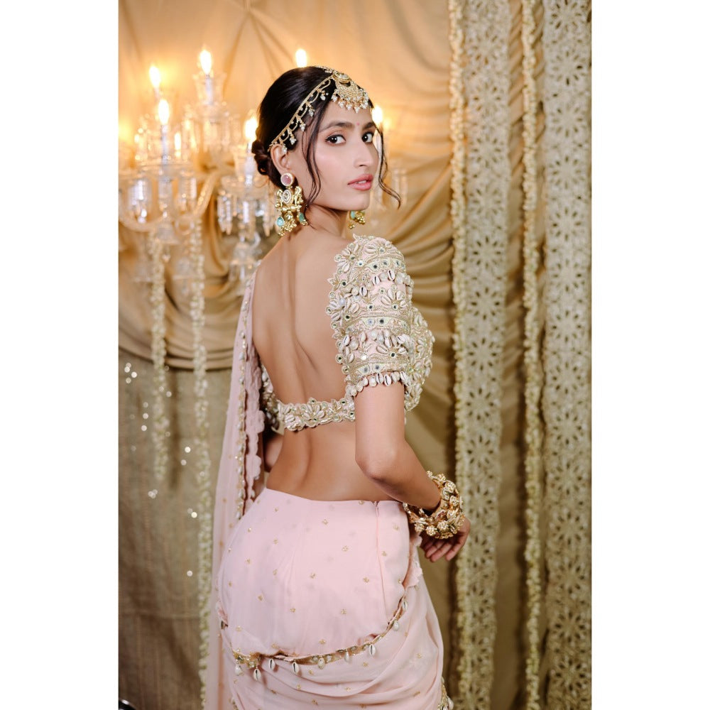 FORAM PATEL Pink Embroidered Mumtaz Pre-Draped Saree with Stitched Blouse