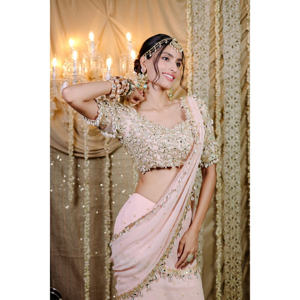 FORAM PATEL Pink Embroidered Mumtaz Pre-Draped Saree with Stitched Blouse