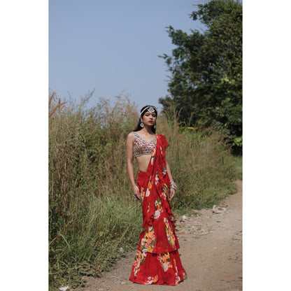FORAM PATEL Red Floral Printed Ruffle Pre-Draped Saree with Stitched Blouse