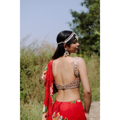 FORAM PATEL Red Floral Printed Ruffle Pre-Draped Saree with Stitched Blouse