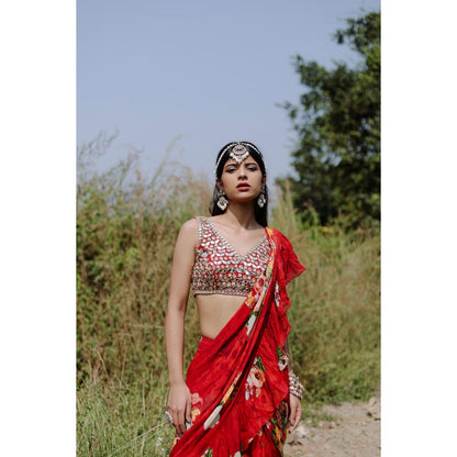 FORAM PATEL Red Floral Printed Ruffle Pre-Draped Saree with Stitched Blouse
