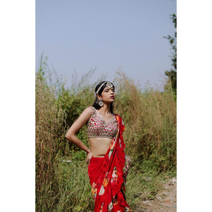 FORAM PATEL Red Floral Printed Ruffle Pre-Draped Saree with Stitched Blouse