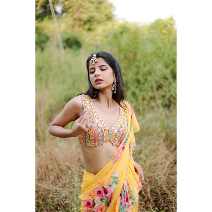 FORAM PATEL Yellow Floral Printed Ruffle Pre-Draped Saree with Stitched Blouse