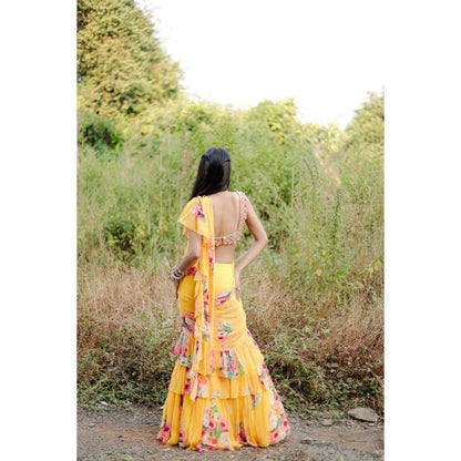 FORAM PATEL Yellow Floral Printed Ruffle Pre-Draped Saree with Stitched Blouse