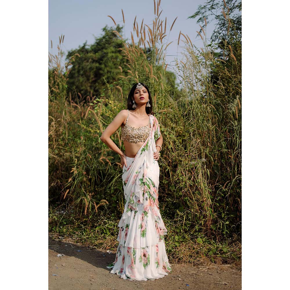 FORAM PATEL White Floral Printed Ruffle Pre-Draped Saree with Stitched Blouse